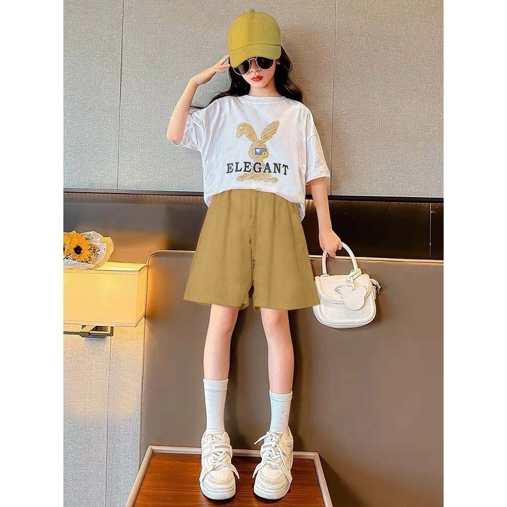 Set Quần Lửng Linen Kèm Áo Thun Thỏ Elegant Bé Gái