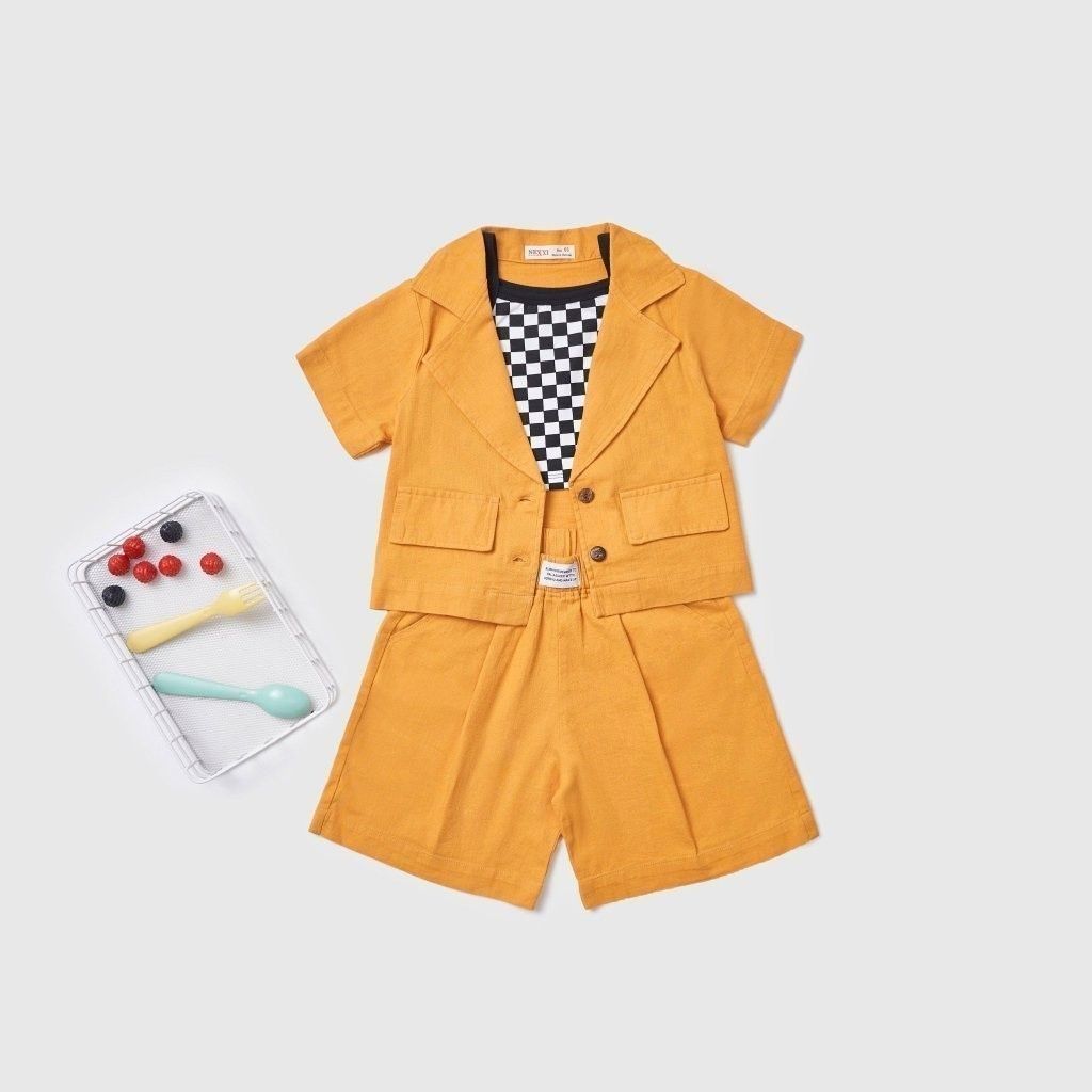 Set Vest Ngắn Tay Bé Gái Kèm Quần Đùi Chất Liệu Linen Mix Áo Thun Caro