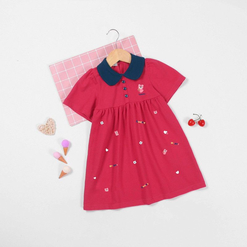 Đầm Thun Cổ Bẻ Babydoll Bé Gái In Họa Tiết Gấu Lotso