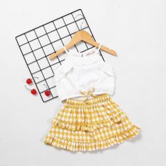 Set Áo 2 Dây Viền Bèo Kèm Váy Tầng Caro Bé Gái