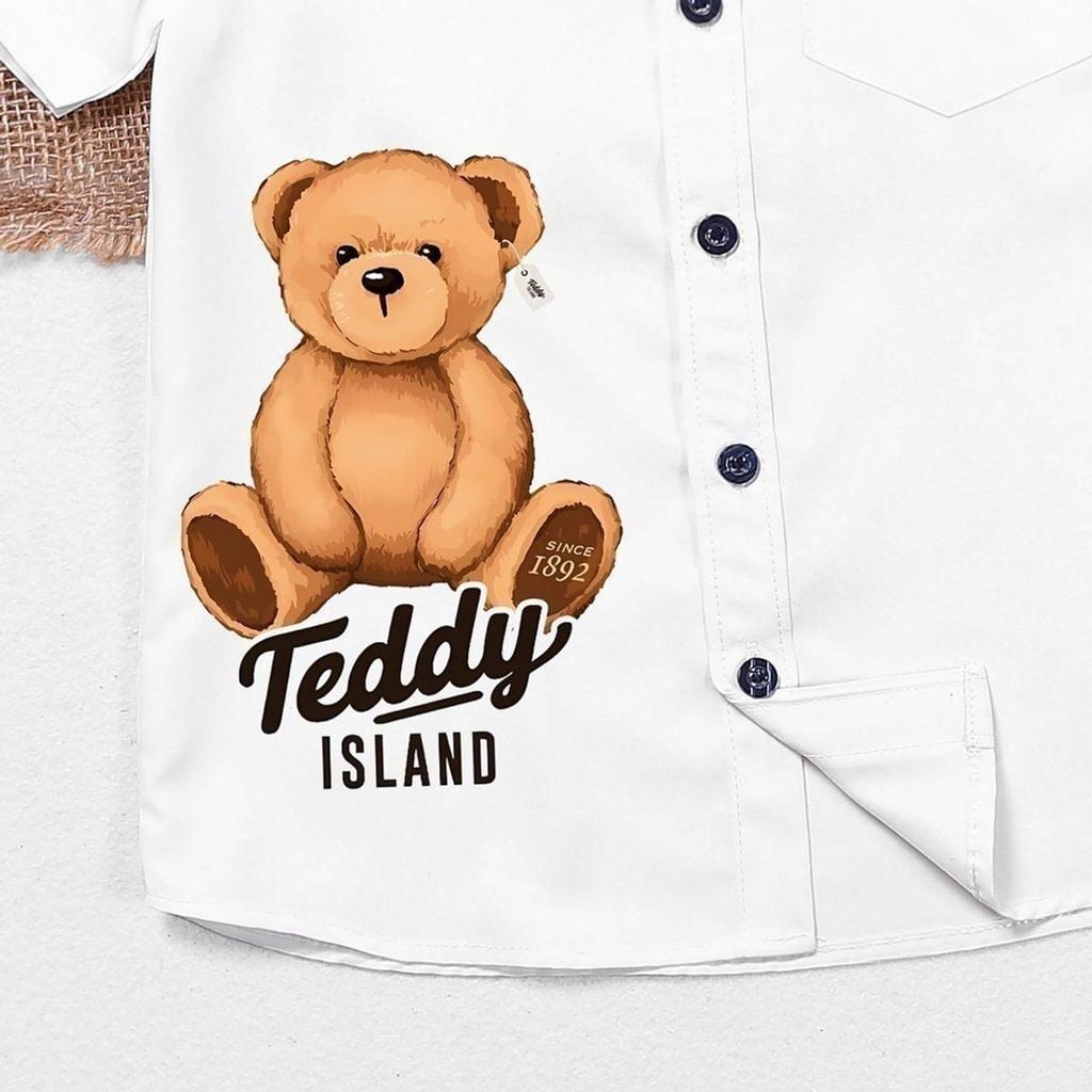 Áo Sơ Mi Trắng Ngắn Tay In Họa Tiết Gấu Và Xe