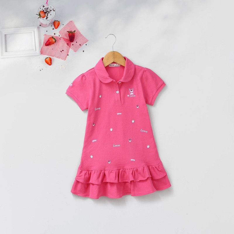 Đầm Polo Đuôi Cá Bèo Tầng Bé Gái In Gấu Lotso