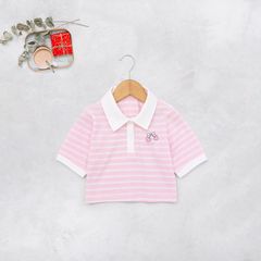 Áo Thun Sọc Cổ Bẻ Croptop Bé Gái In Cherry