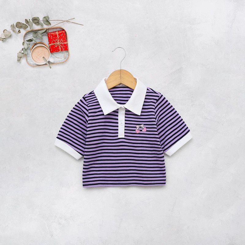 Áo Thun Sọc Cổ Bẻ Croptop Bé Gái In Cherry