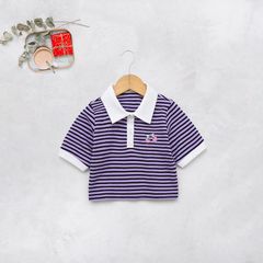 Áo Thun Sọc Cổ Bẻ Croptop Bé Gái In Cherry