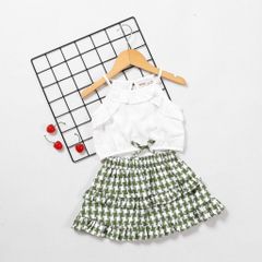 Set Áo 2 Dây Viền Bèo Kèm Váy Tầng Caro Bé Gái