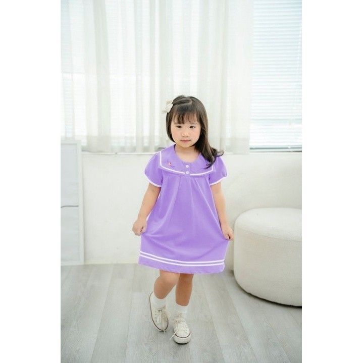 Đầm BabyDoll Bé Gái Lá Cổ Vuông Phối Viền Sọc