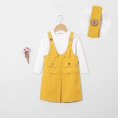 Set Yếm Váy KaKi 2 Túi Giả Kèm Áo Thun Trắng Dài Tay Bé Gái