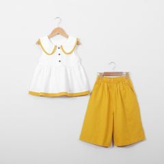 Set Áo Cổ Sen Viền Màu Kèm Quần Dài Ống Rộng Bé Gái