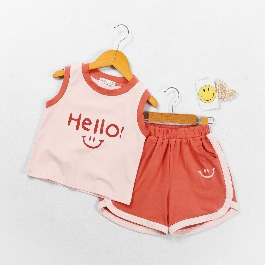 Bộ Thun Sát Nách Bé Gái In Hình Gấu + Hello