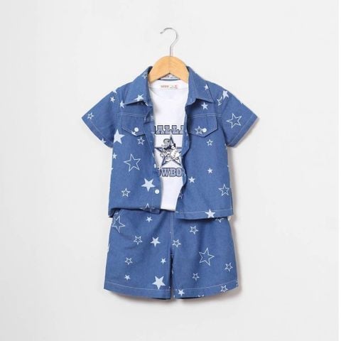 Set Jean 3 Món Áo Khoác Kèm Quần Và Áo Thun Họa Tiết Ngôi Sao