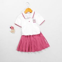 Set Áo Thun Polo Thể Thao In Hoa Cúc Kèm Chân Váy Xếp Ly Bé Gái