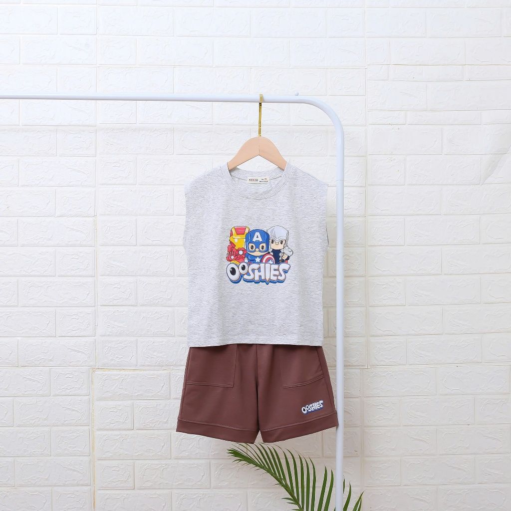 Bộ Bé Trai Áo Thun 4 Chiều Sát Nách In Siêu Anh Hùng Kèm Quần đùi Da Cá Nexxi