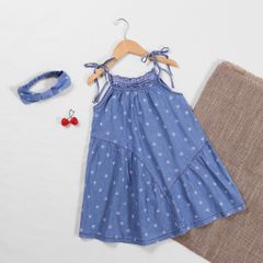 Đầm Maxi Jean Hai Dây Hoạ Tiết Kèm Băng Đô Bé Gái