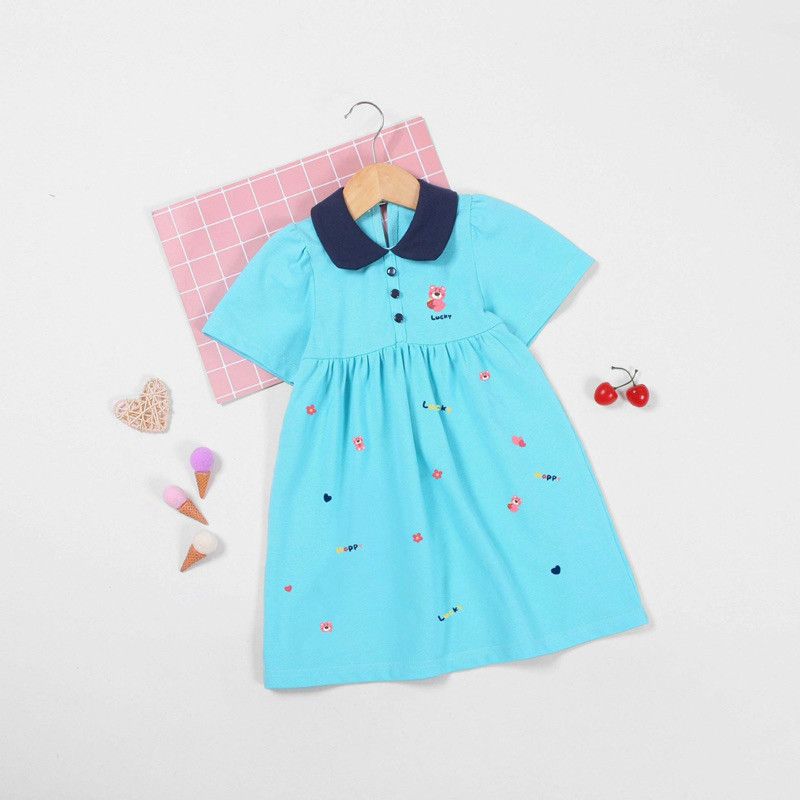 Đầm Thun Cổ Bẻ Babydoll Bé Gái In Họa Tiết Gấu Lotso