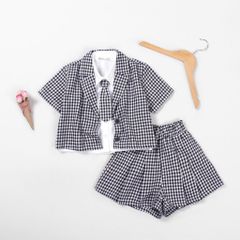Set Vest Caro Kèm Quần Đùi Và Cà Vạt Cho Bé Gái Cá Tính