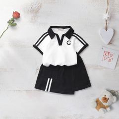 Set Chân Váy Túi Hộp Kèm Áo Thun Cổ Bẻ Thêu Gấu Cho Bé Gái