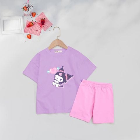 Bộ Áo Thun Form Rộng Quần Legging Đùi In Hình Nơ Và Kuromi Hotrend Cho Bé Gái