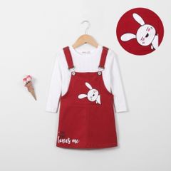 Set Yếm Váy Kaki Kèm Áo Dài Tay In Hình Thỏ Bé Gái