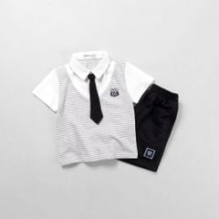 Bộ Thun Lửng Giả Vest Sọc Phối Cà Vạt Bé Trai