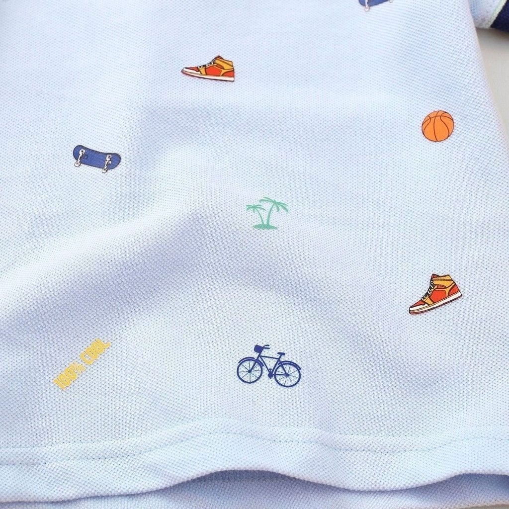 Áo Thun Polo Bé Trai Viền Màu Hoạ Tiết Basketball