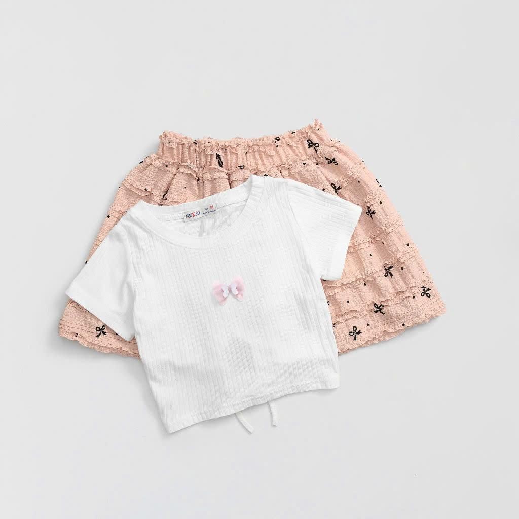 Set Váy Áo Thun Gân Đính Nơ Kèm Chân Váy Ren Nơ Bé Gái Nexxi