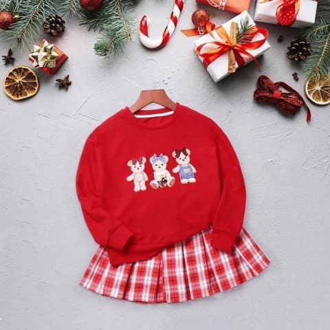 Set Noel Cá Tính Cho Bé Gái Với Áo Sweater Kèm Chân Váy Caro