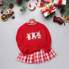 Set Noel Cá Tính Cho Bé Gái Với Áo Sweater Kèm Chân Váy Caro