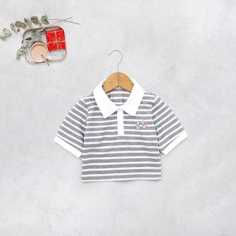 Áo Thun Sọc Cổ Bẻ Croptop Bé Gái In Cherry