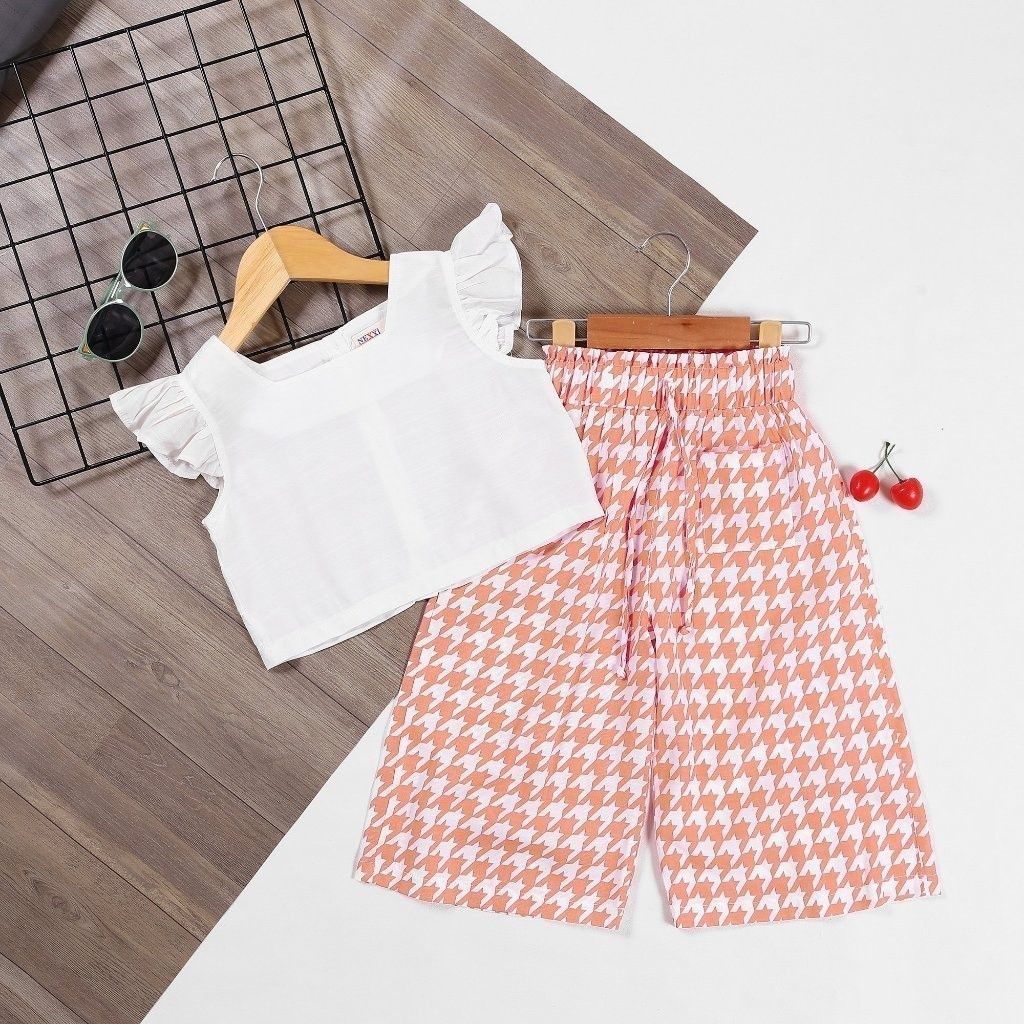 Set Quần Dài Caro Kèm Áo Croptop Cánh Tiên Bé Gái