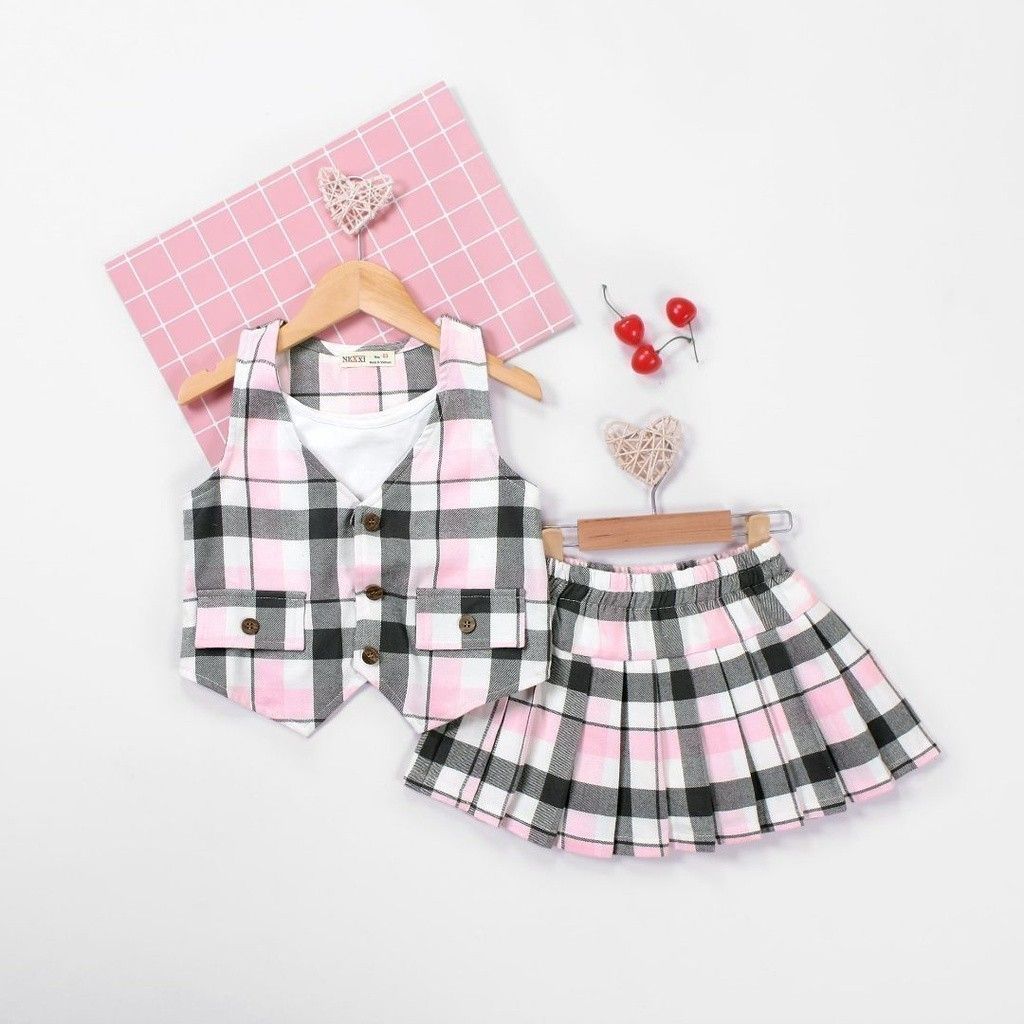 Set Thời Trang Bé Gái Áo Ghile Kèm Chân Váy Xếp Ly Caro