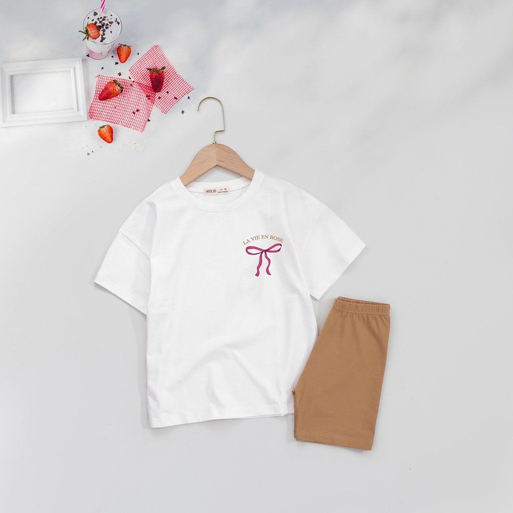 Bộ Áo Thun Form Rộng Quần Legging Đùi In Hình Nơ Và Kuromi Hotrend Cho Bé Gái