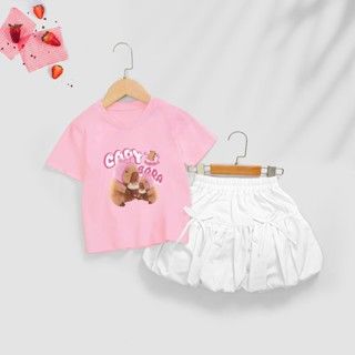 Set Váy Tiểu Thư Áo Thun Kèm Chân Váy Bí In Capybara Siêu Đáng Yêu Cho Bé Gái Nexxi