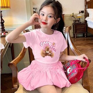 Set Váy Tiểu Thư Áo Thun Kèm Chân Váy Bí In Capybara Siêu Đáng Yêu Cho Bé Gái Nexxi
