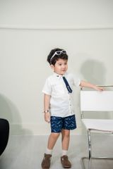 Set Áo Sơ Mi Phối Cà Vạt Kèm Quần Lửng Họa Tiết Dolphin
