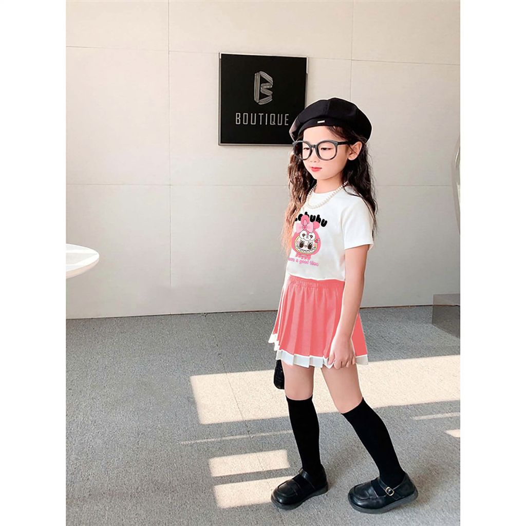 Set chân váy kaki xếp ly và áo thun in họa tiết labubu Nexxi Kids Fashion