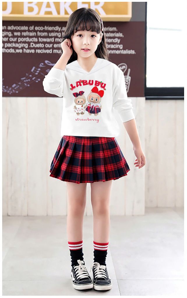 Set váy caro và áo dài tay có nón labubu Nexxi Kids Fashion