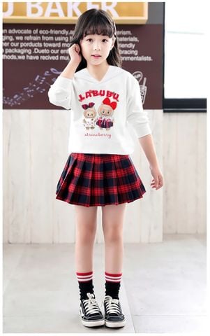 Set váy caro và áo dài tay có nón labubu Nexxi Kids Fashion