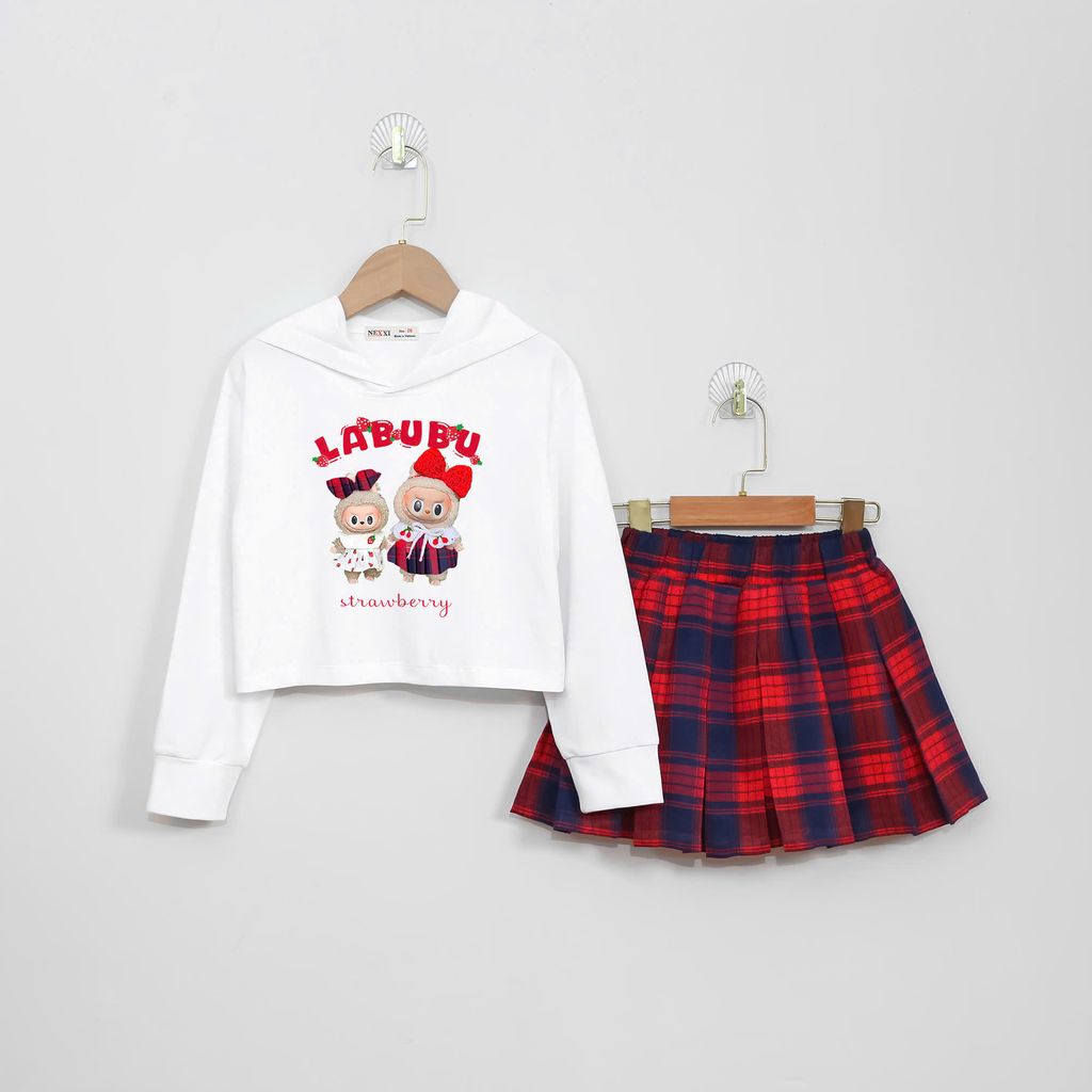 Set váy caro và áo dài tay có nón labubu Nexxi Kids Fashion