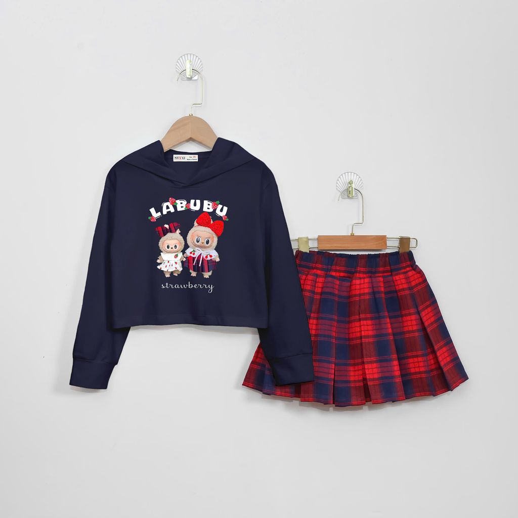 Set váy caro và áo dài tay có nón labubu Nexxi Kids Fashion