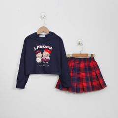 Set váy caro và áo dài tay có nón labubu Nexxi Kids Fashion