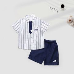 Set Sơ Mi Bé Trai Linen Sọc Kèm Quần Sọt Bear Cà Vạt Nexxi