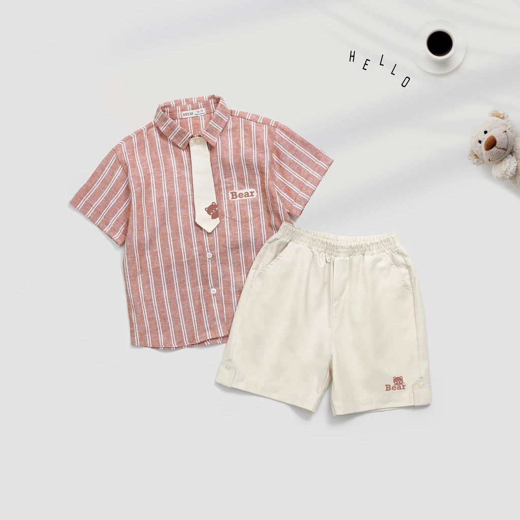 Set Sơ Mi Bé Trai Linen Sọc Kèm Quần Sọt Bear Cà Vạt Nexxi