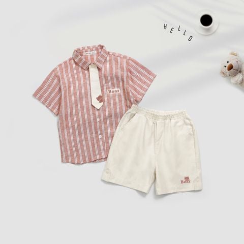 Set Sơ Mi Bé Trai Linen Sọc Kèm Quần Sọt Bear Cà Vạt Nexxi