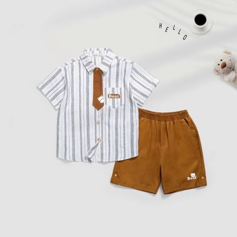 Set Sơ Mi Bé Trai Linen Sọc Kèm Quần Sọt Bear Cà Vạt Nexxi