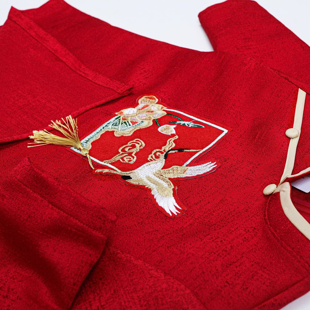 Áo Dài Gấm Bé Trai Truyền Thống Thêu Hạc Đính Tua Rua Tết Cho Bé Nexxi