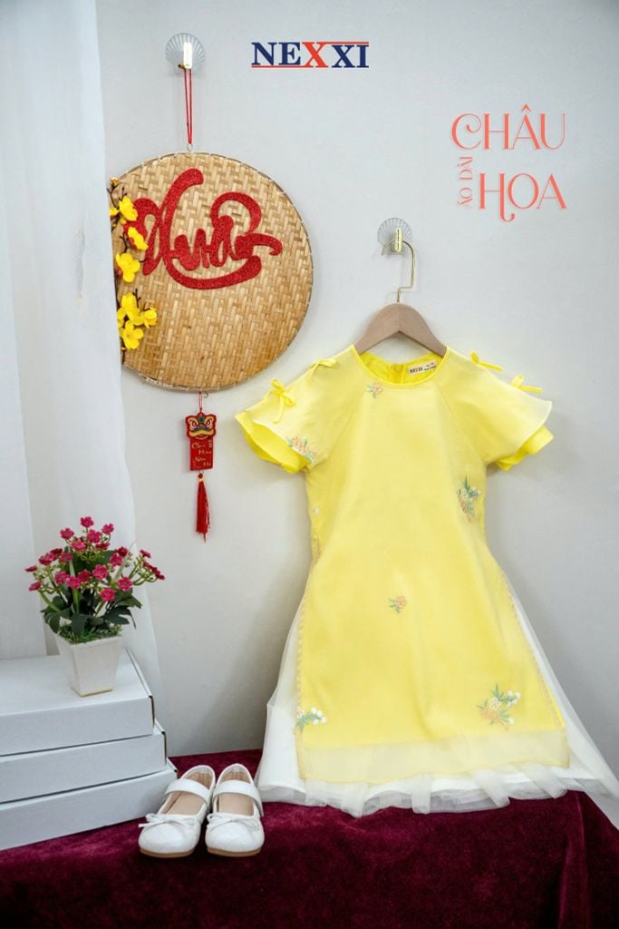 Set áo dài họa tiết thêu tay nơ và váy cho bé gái Nexxi Kids Fasshion