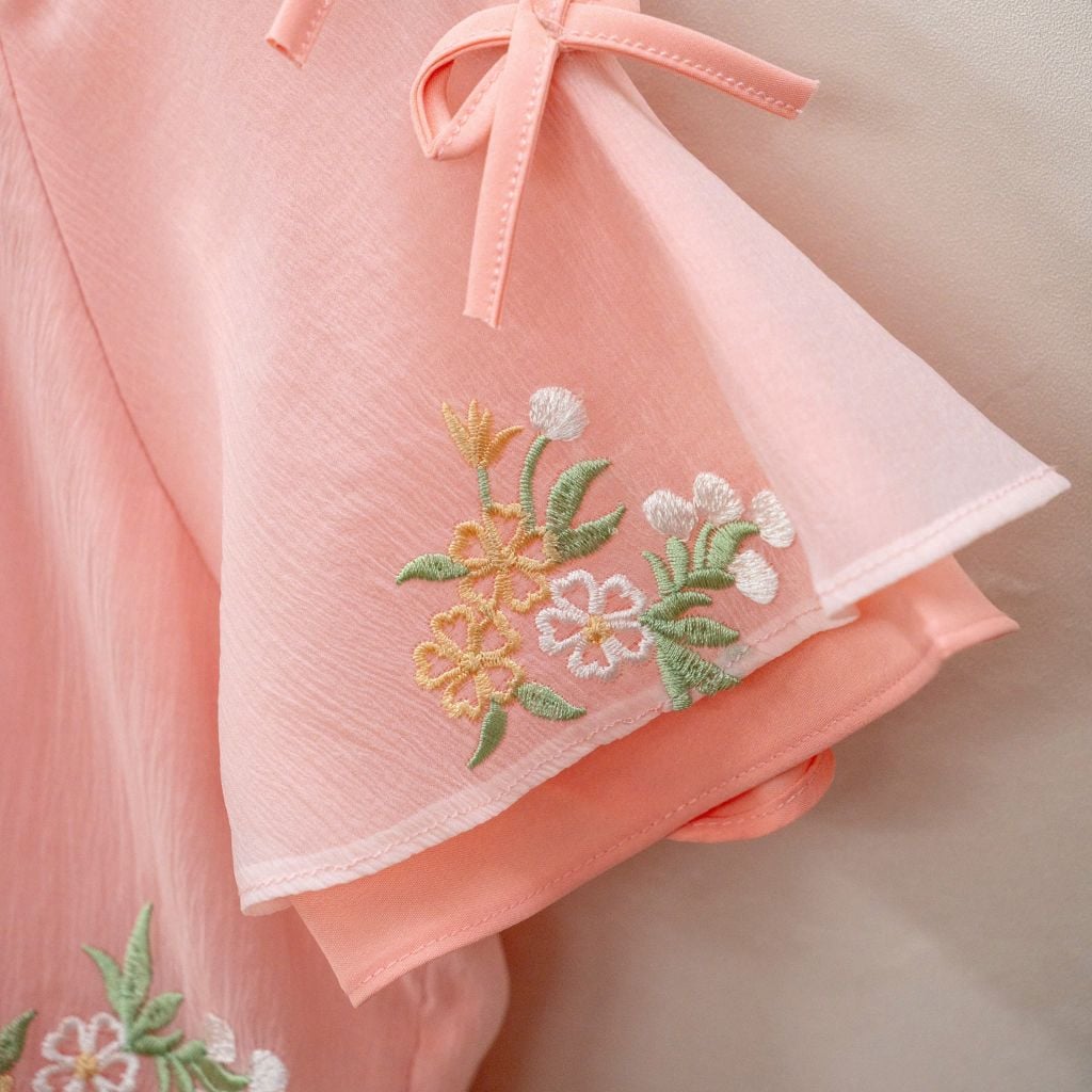 Set áo dài họa tiết thêu tay nơ và váy cho bé gái Nexxi Kids Fasshion