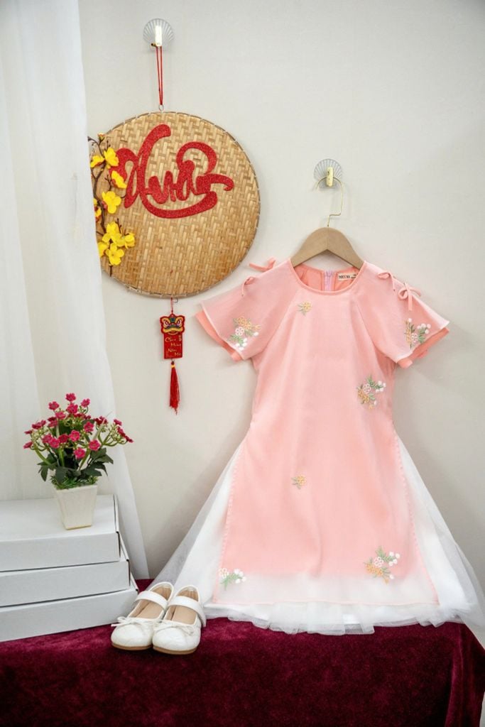 Set áo dài họa tiết thêu tay nơ và váy cho bé gái Nexxi Kids Fasshion