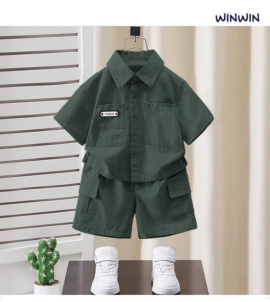 Set Sơ Mi Linen Cổ Bẻ Túi Logo Vogue Phong Cách Hàn Quốc Bé Trai Nexxi